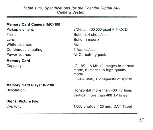 toshiba imc-100 memory card digital camera specs 1989